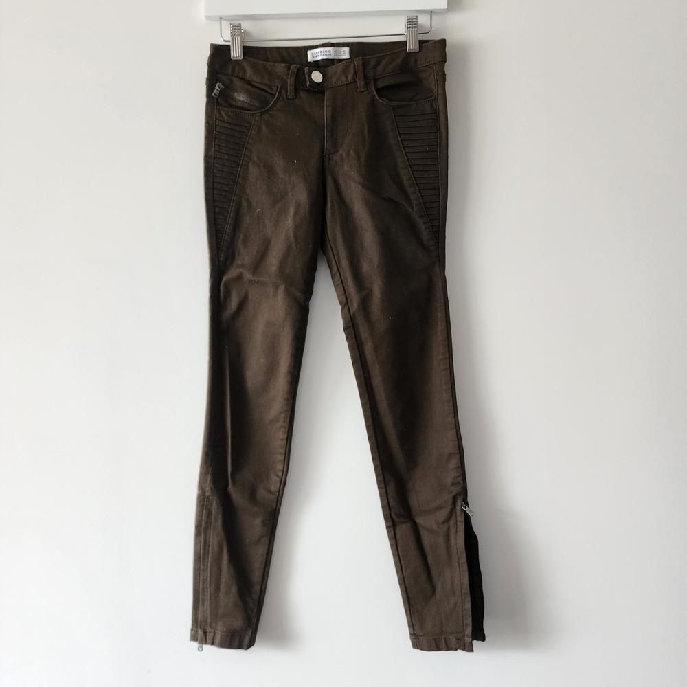 Zara Moto Skinny Pants Women 6 Brown Ribbed Biker Ankle Zip Denim Edgy Bold chic